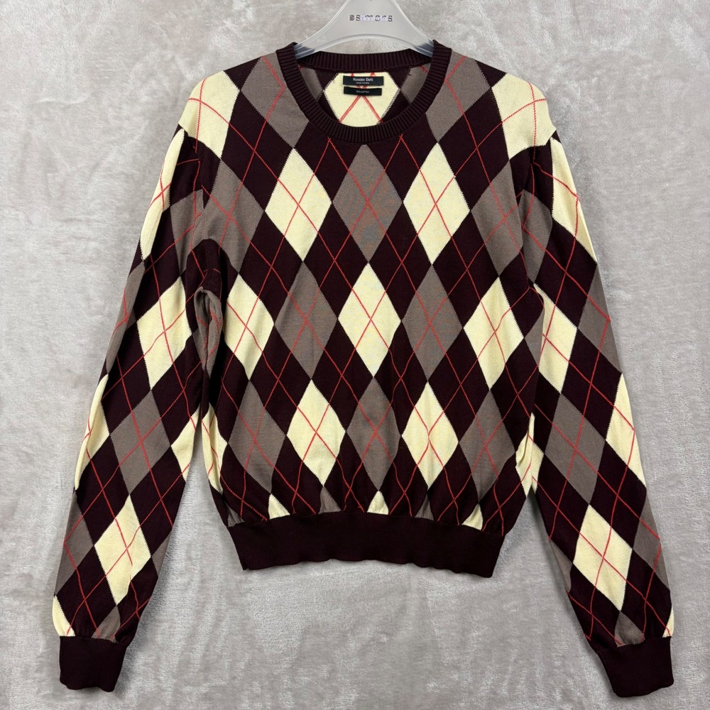 Massimo Dutti Argyle Cotton Crewneck Sweater Burgundy Cream Women L Preppy Fall